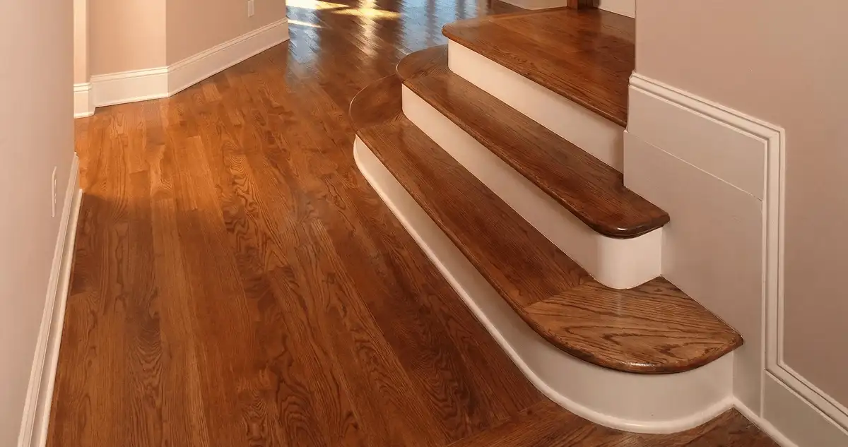 Base floor of a staircase with professionally restored wood flooring in Pueblo CO